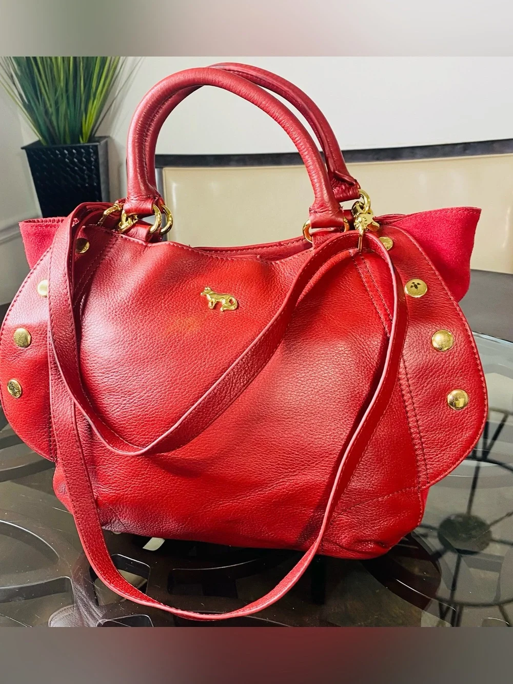 Emma Fox Red Pebbled Leather Handbag Gold Rivet Studs Floral Lining Satchel